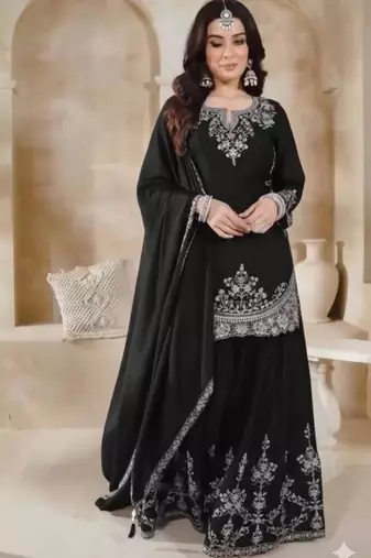 Black silk blend embroidered sharara set