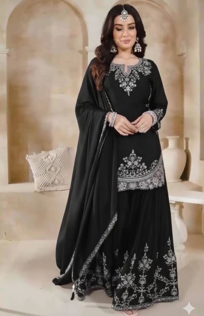 Black silk blend embroidered sharara set
