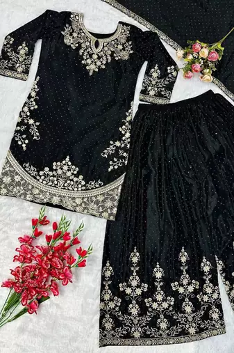 Black silk blend embroidered sharara set