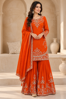Orange silk blend embroidered sharara set 1