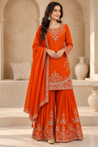 Orange silk blend embroidered sharara set