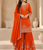 Orange silk blend embroidered sharara set