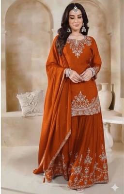 Orange silk blend embroidered sharara set 1
