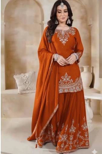 Orange silk blend embroidered sharara set