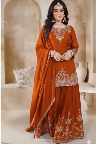 Orange silk blend embroidered sharara set