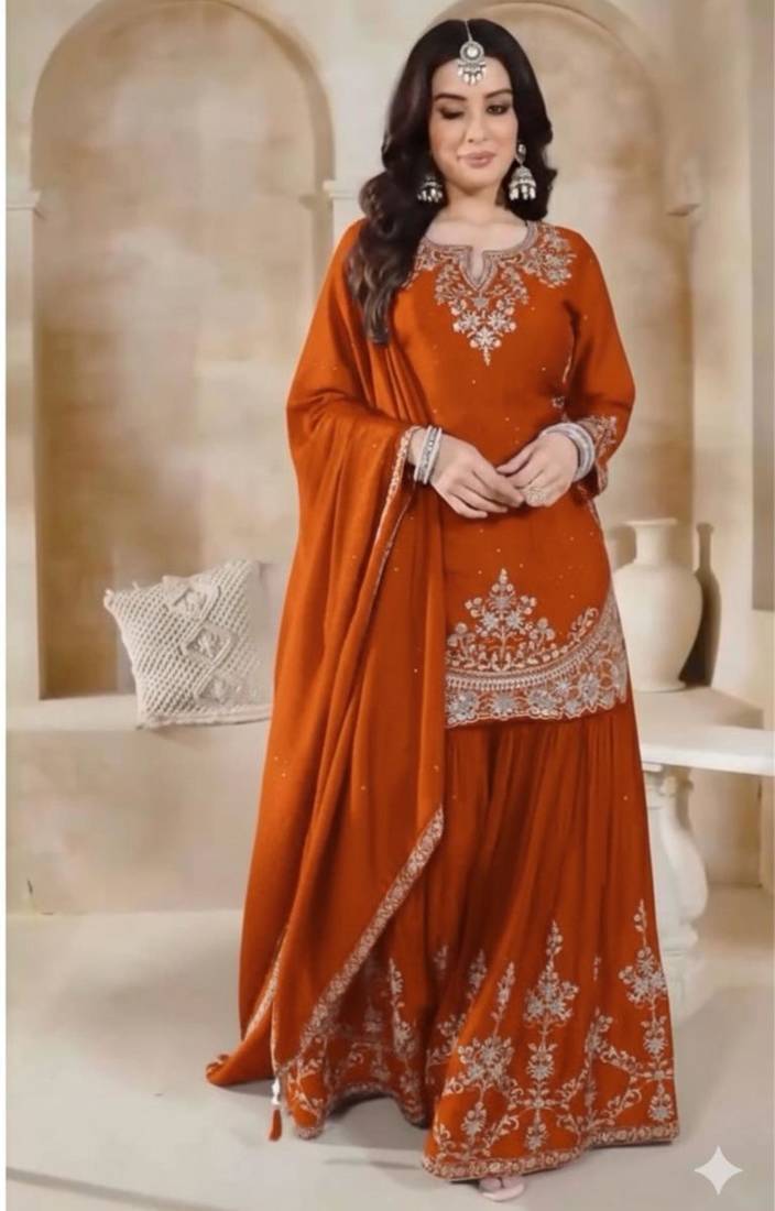 Orange silk blend embroidered sharara set