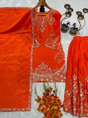 Orange silk blend embroidered sharara set 2