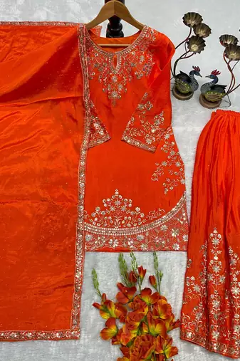 Orange silk blend embroidered sharara set