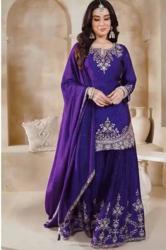 Royal blue silk blend embroidered sharara set