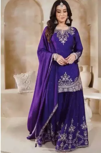 Royal blue silk blend embroidered sharara set