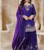 Royal blue silk blend embroidered sharara set