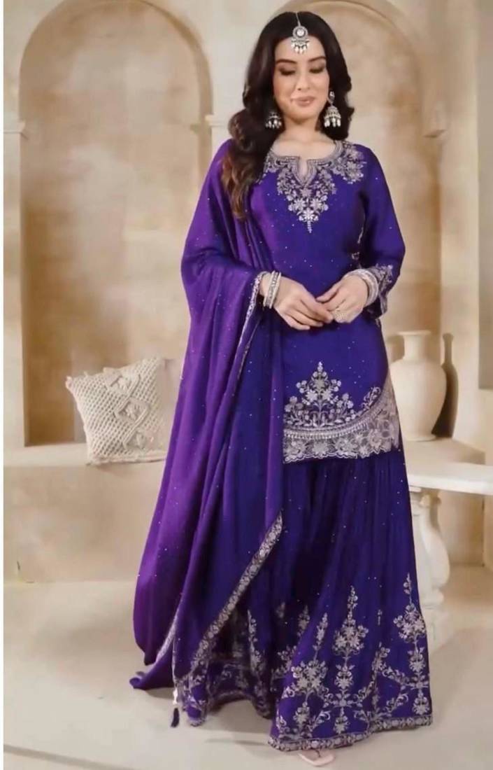 Royal blue silk blend embroidered sharara set