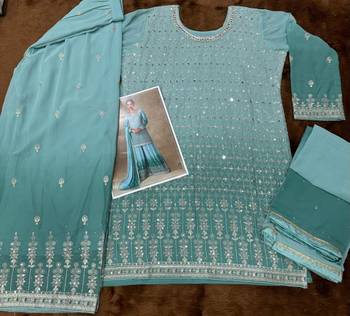Blue georgette free size stitched suit with mirror & embroidery work 5