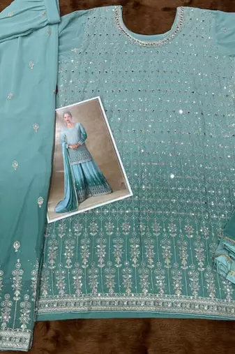 Blue georgette free size stitched suit with mirror & embroidery work