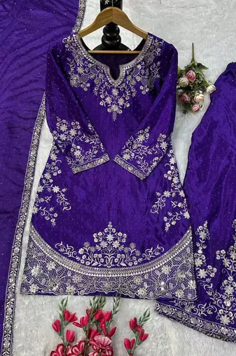 Royal blue silk blend embroidered sharara set