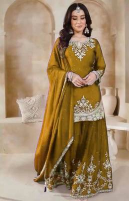 Mustard silk blend embroidered sharara set 1