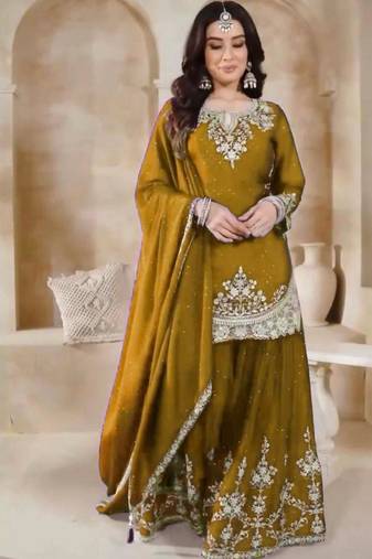 Mustard silk blend embroidered sharara set