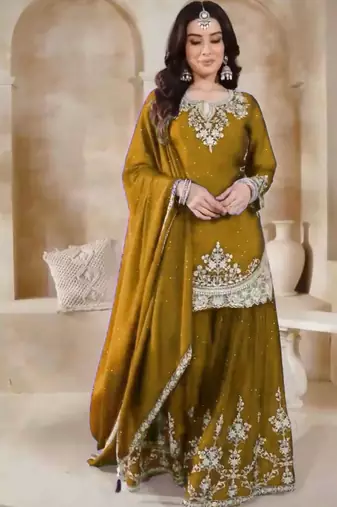 Mustard silk blend embroidered sharara set