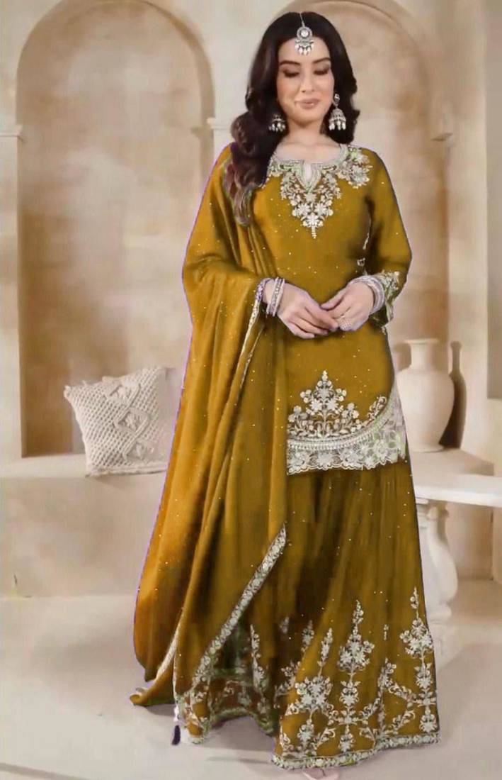 Mustard silk blend embroidered sharara set