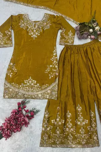 Mustard silk blend embroidered sharara set