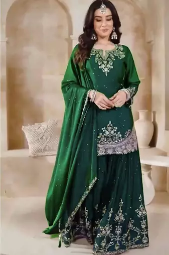Green silk blend embroidered sharara set
