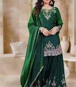 Green silk blend embroidered sharara set