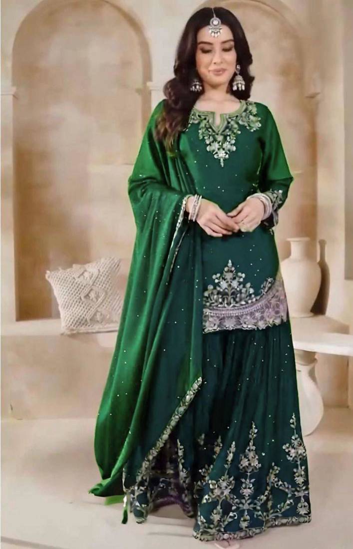 Green silk blend embroidered sharara set