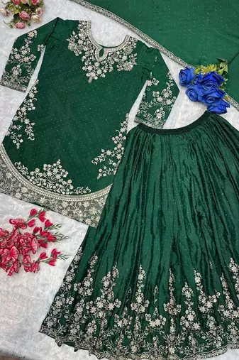 Green silk blend embroidered sharara set