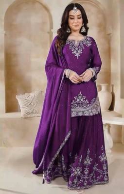 Purple silk blend embroidered sharara set 1