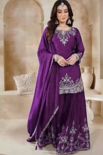 Purple silk blend embroidered sharara set
