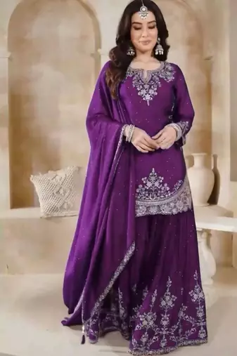 Purple silk blend embroidered sharara set