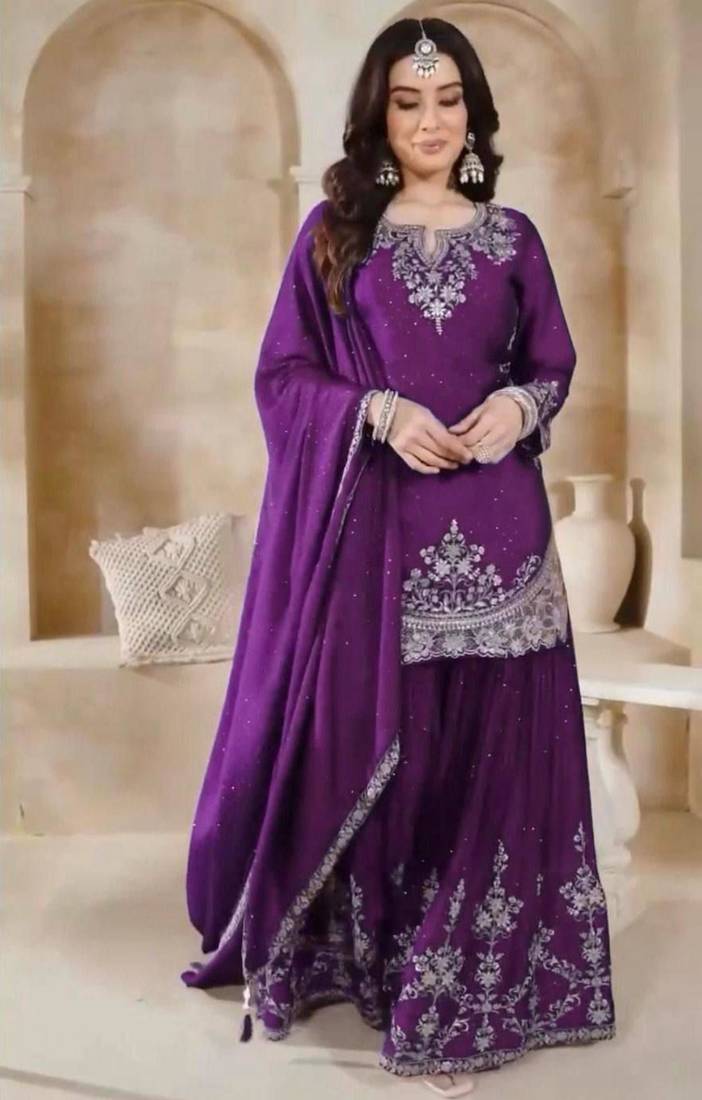 Purple silk blend embroidered sharara set