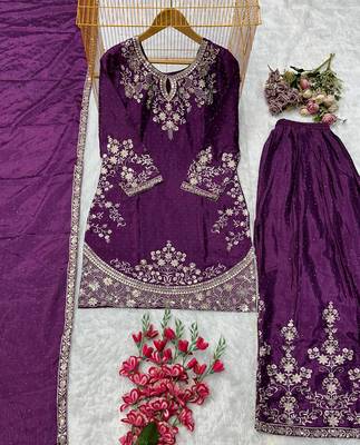 Purple silk blend embroidered sharara set 2