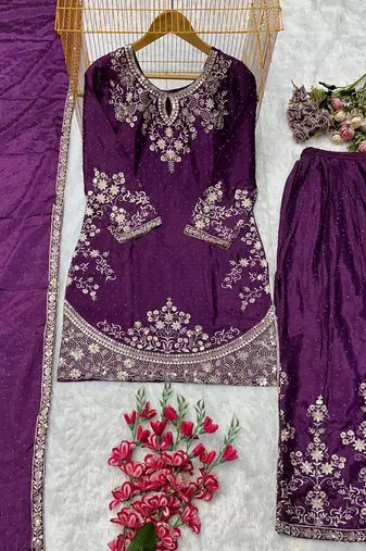 Purple silk blend embroidered sharara set