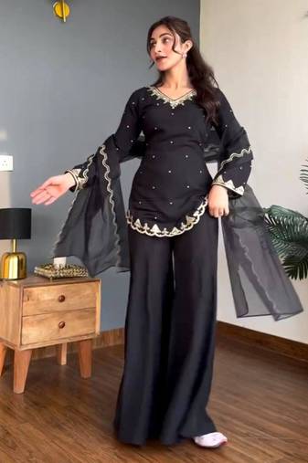 Black silk blend embroidered palazzo set