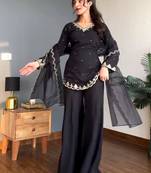 Black silk blend embroidered palazzo set