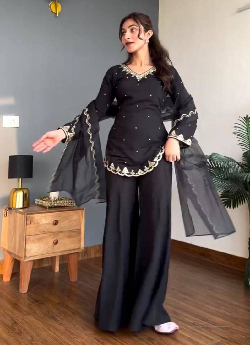 Black silk blend embroidered palazzo set