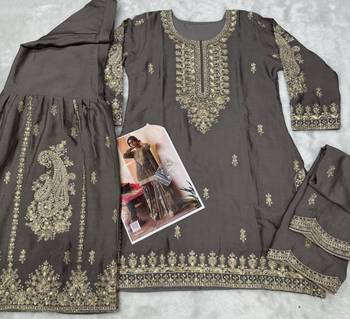 Grey chinon free size stitched suit with embroidery & sequin  work 4