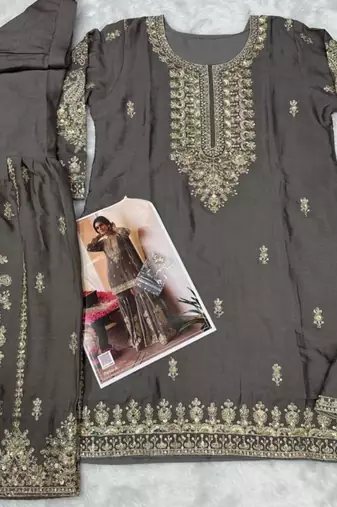 Grey chinon free size stitched suit with embroidery & sequence work