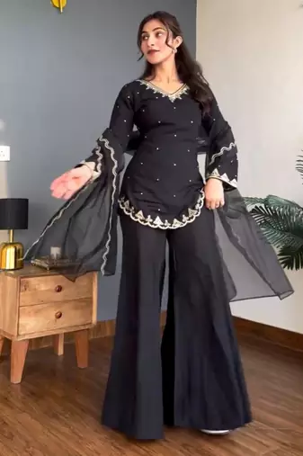 Black silk blend embroidered palazzo set
