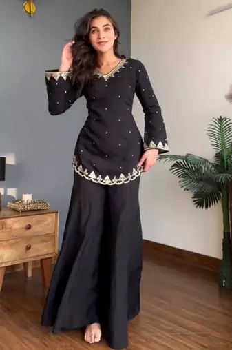 Black silk blend embroidered palazzo set