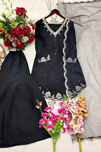 Black silk blend embroidered palazzo set