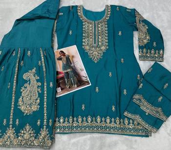 Blue chinon free size stitched suit with embroidery & sequin  work 4