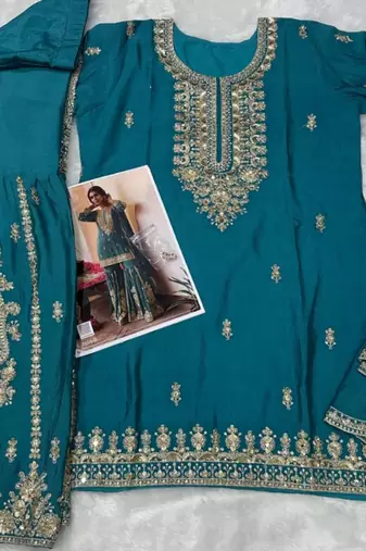 Blue chinon free size stitched suit with embroidery & sequence work