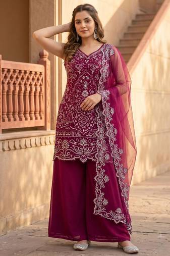 Maroon georgette embroidered palazzo set