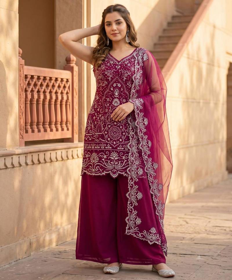 Maroon georgette embroidered palazzo set