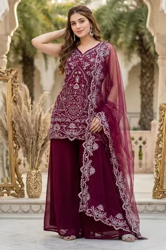 Maroon georgette embroidered palazzo set