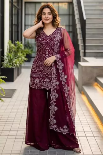 Maroon georgette embroidered palazzo set