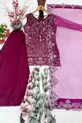 Maroon georgette embroidered palazzo set