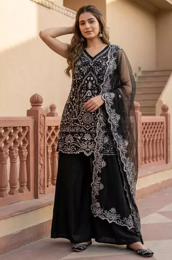 Black georgette embroidered palazzo set